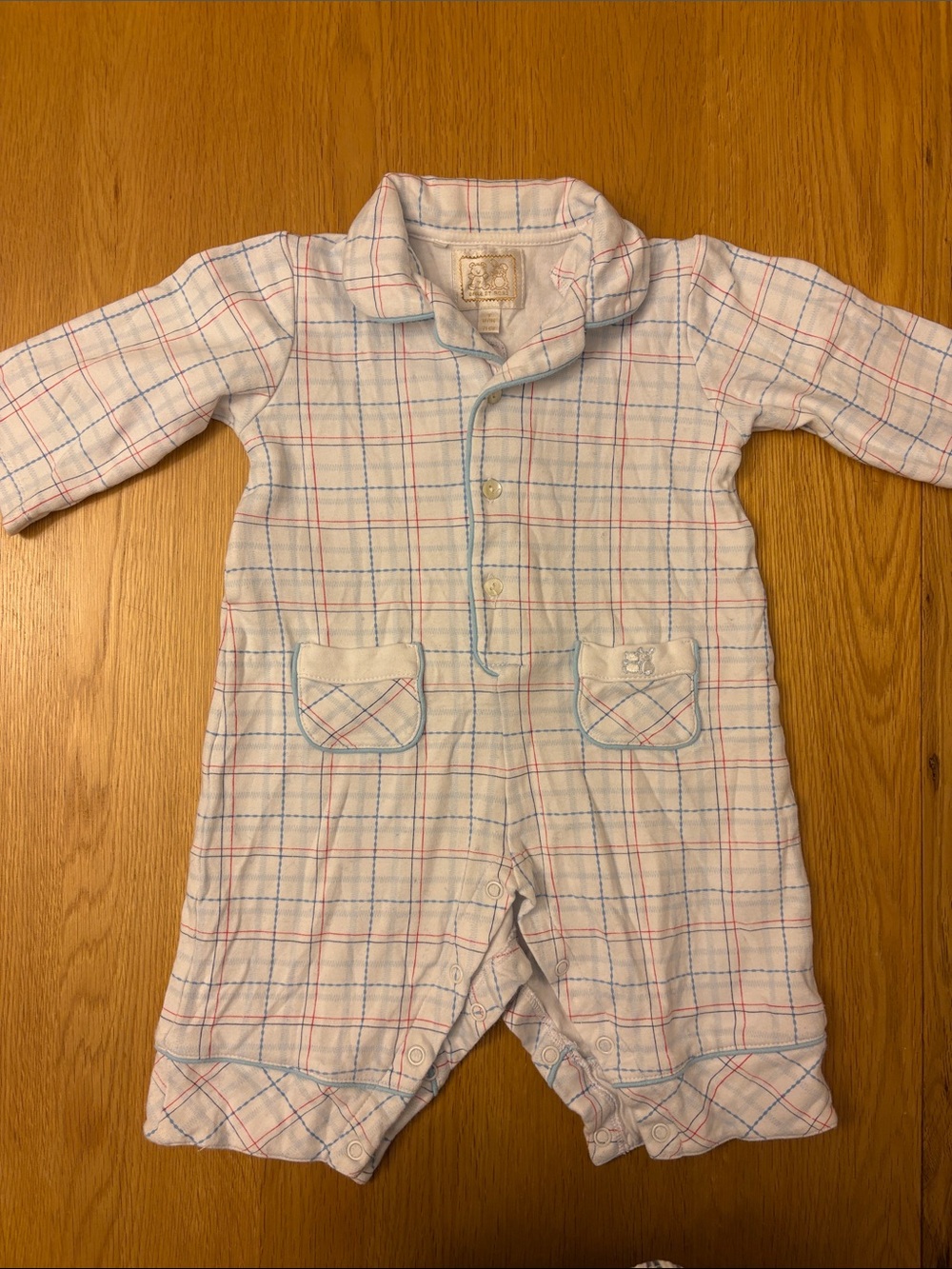 Emile et Rose White Plaid Onesie with Blue & Red Trim - 9 months